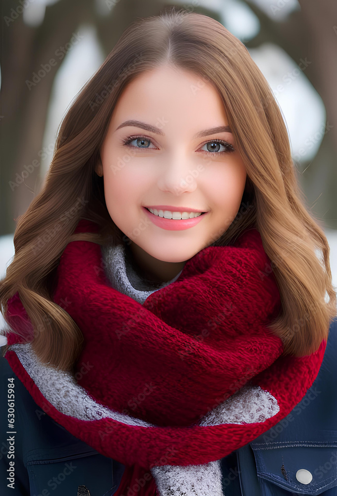 Portrait of a beautiful woman in a cozy warm winter sweater and scarf Portrait of a beautiful woman in a cozy warm winter sweater and scarf
