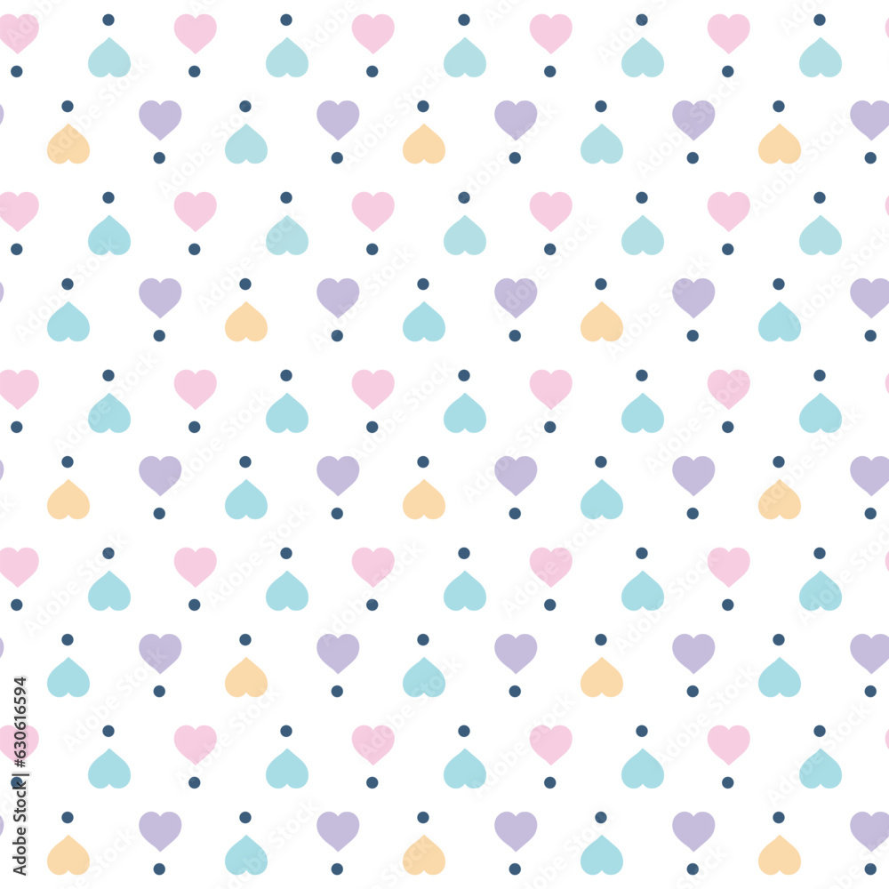 Seamless pattern colorful of hearts on white background. Cute design for scrapbooking, decoration, cards, paper goods, background, wallpaper, wrapping, fabric and more. Vector Illustration