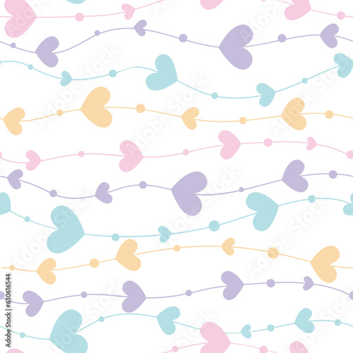 Seamless Pattern with Pastel Hearts and Wavy Line design on white Background. Design for scrapbooking, cards, paper goods, background, wallpaper, wrapping, fabric and more. Vector illustration © LindaAyu