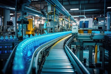 Process of beverage manufacturing on a conveyor belt at a factory.