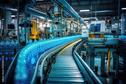 Process of beverage manufacturing on a conveyor belt at a factory. photo