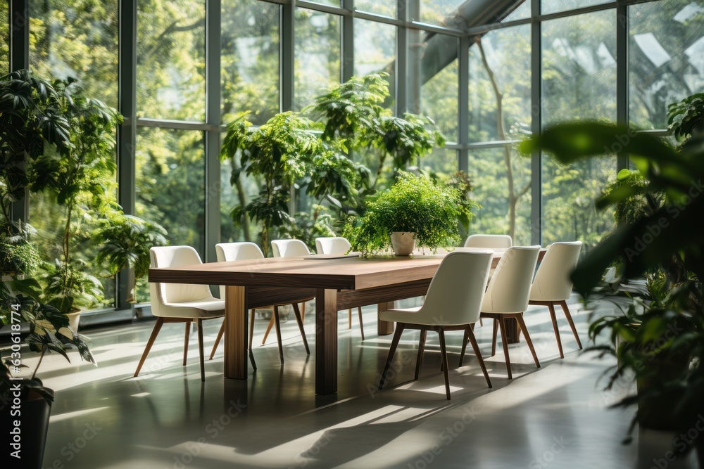 Obraz premium Dining Table with chairs and plants, Generative AI