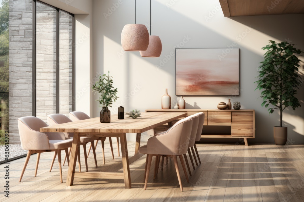 Dining Table with chairs in Scandinavian house , Generative AI