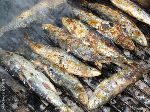 Barbecue grilled sardines with a slightly golden color
