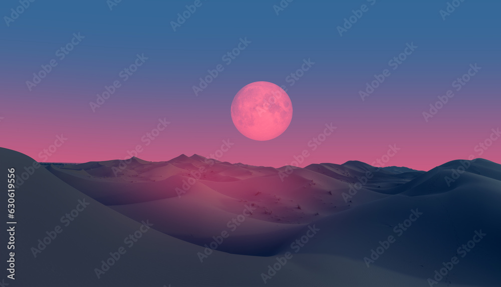 Beautiful sand dunes in the Sahara desert at sunrise with super full moon - Sahara, Morocco Beautiful sand dunes in the Sahara desert at sunrise with super full moon - Sahara, Morocco