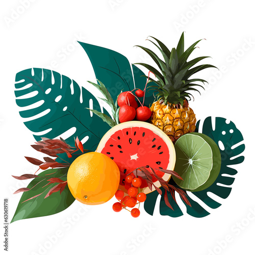 Tropical summer bouquet with palm leaves, exotic flowers, fruits, isolated on white background, vector illustration.