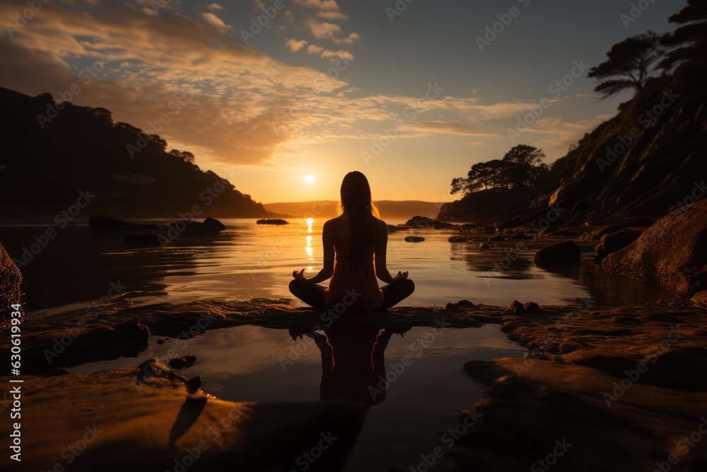 yoga on the beach at sunset, Generative AI