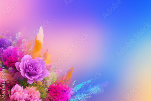 Flowers Card. Coloured flowers and decor on gradient colours background. Generative-AI.