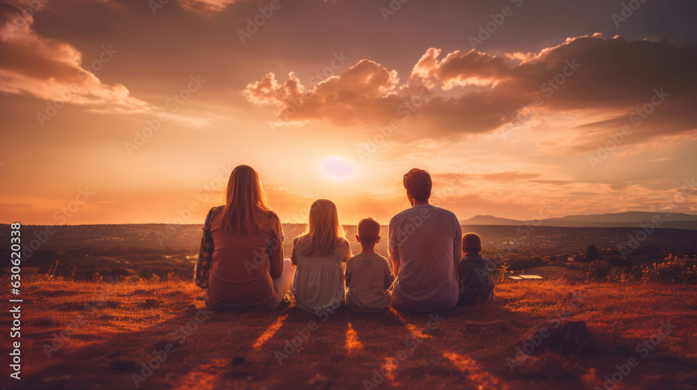 A Family, Happy family, mother, father, children son and daughter on nature on sunset. Generative Ai A Family, Happy family, mother, father, children son and daughter on nature on sunset. Generative Ai