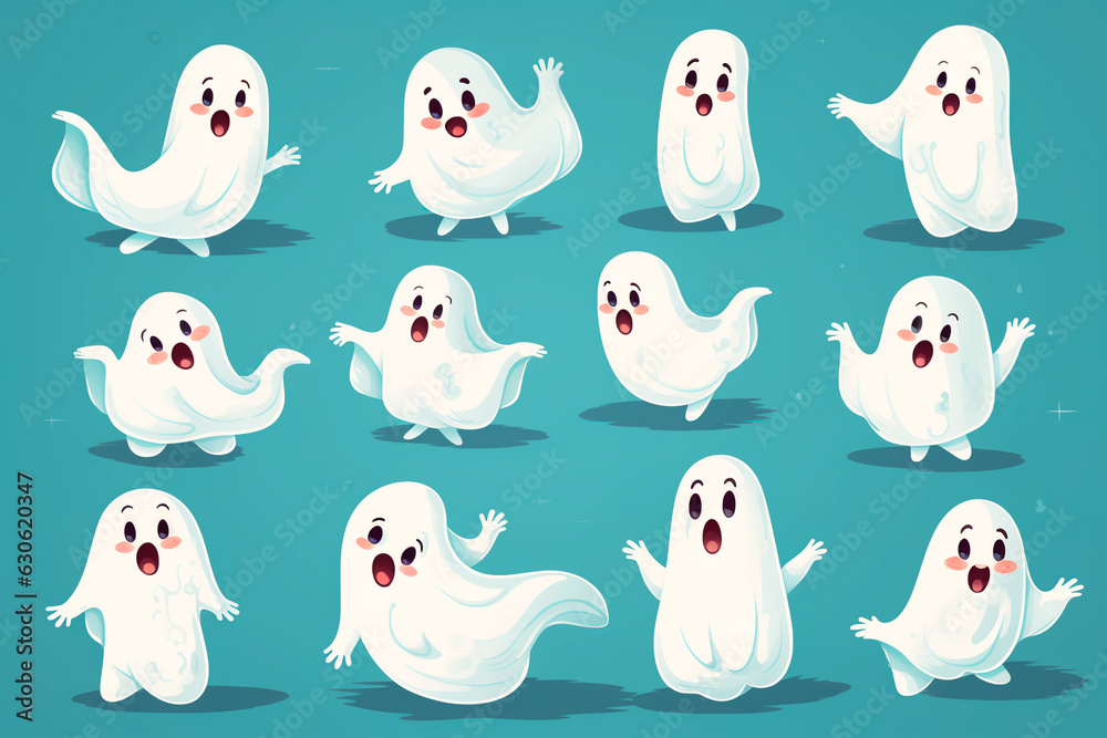 Ghosts on Halloween. Graphic elements, stickers. Ready character. Background, wallpaper, pattern. 