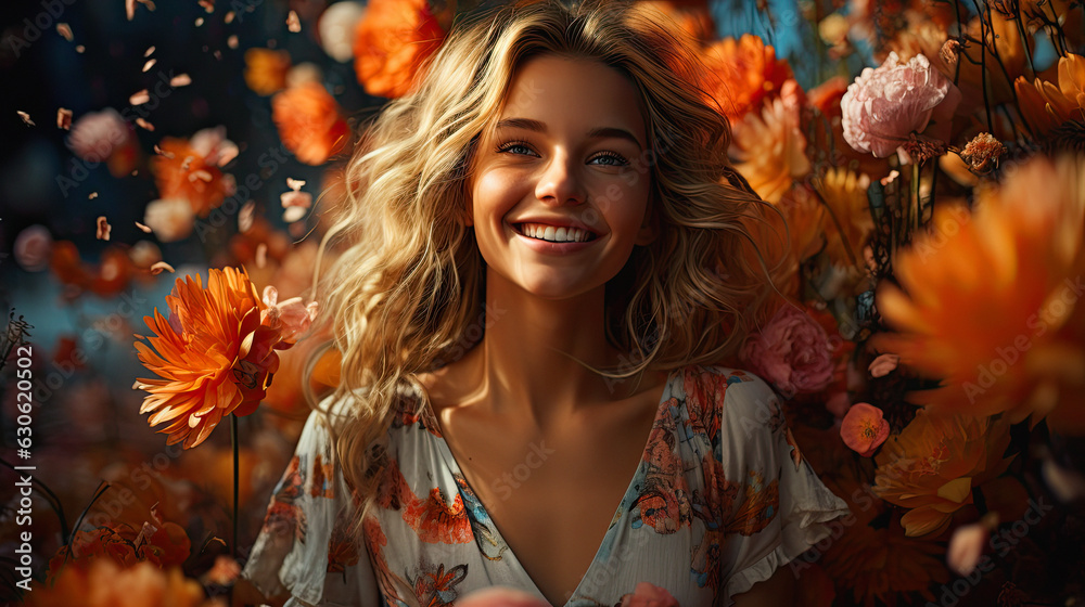 beautiful  Woman walked in the sea of flowers and a bright smile