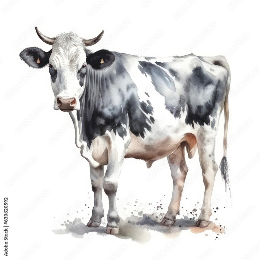 Water color of a cow isolated on white, Generative AI