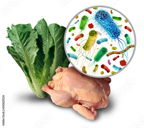 Foodborne illness pathogen and bacteria and germs on raw poultry or leafy green vegetables and the health risk of ingesting contaminated food with e coli or salmonella photo