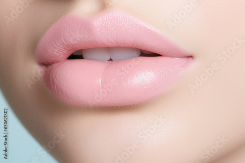 Close up of woman's lips with pastel pink lipstick