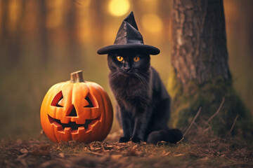 Black cat with Halloween witch costume hat and carved pumpkin in forest