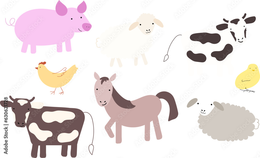farm animals illustration vector set, cartoon cute farm animals for kids, children. flat style horse, pig, sheep, hen, chick, cow
