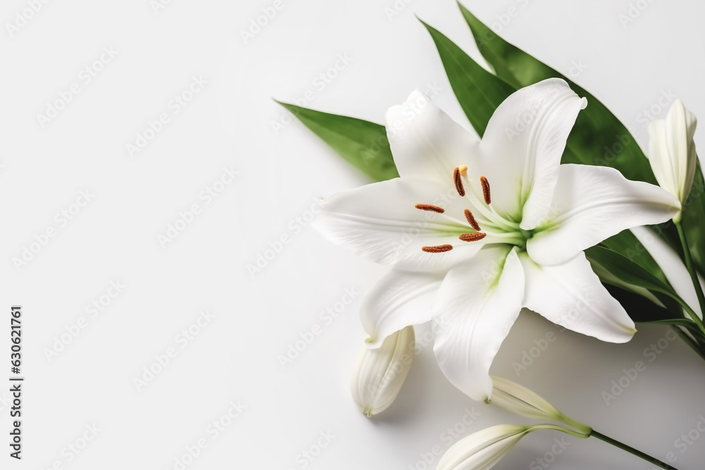 Beautiful floral background with white lily flower on same color background. Banner template for beauty spa wellness natural cosmetics concept
