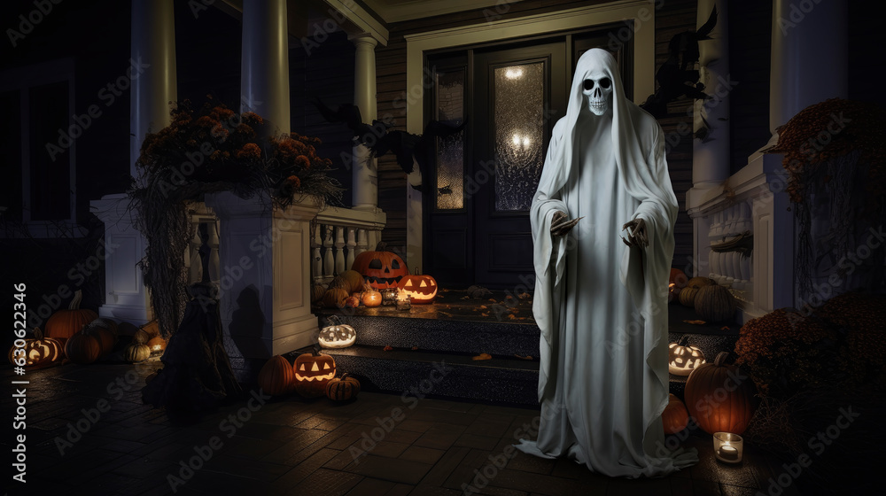 Ghost evil spirit standing over front porch of a house with halloween decoration including jack o’ lantern Ghost evil spirit standing over front porch of a house with halloween decoration including jack o’ lantern