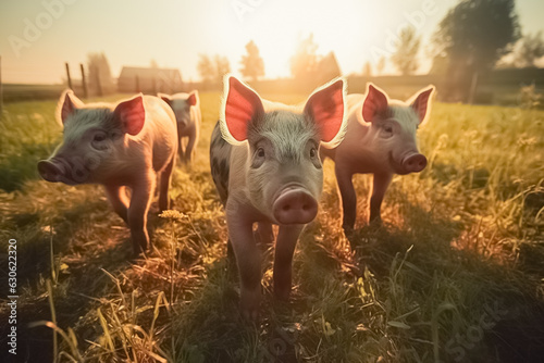 Curious little pigs on a farm looks into the camera. Lots of cute piglets on the walk. Pig farming. 
