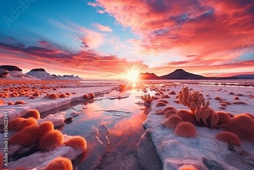Photo of a serene  salt lake beneath a dramatic sky created with Generative AI technology