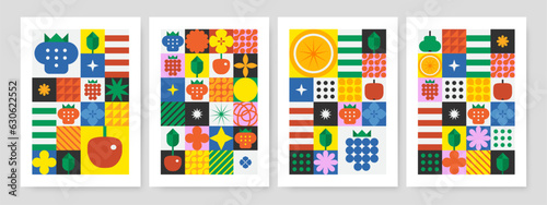 Simple geometric vector background with star shapes, flower shapes, fruits and berries symbol and abstract bauhaus forms. Geometric trendy composition for web design, poster, cover, menu