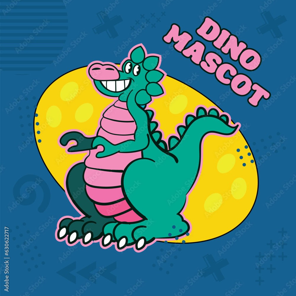 Fototapeta premium Retro 1980s cartoon smiling dinosaur mascot