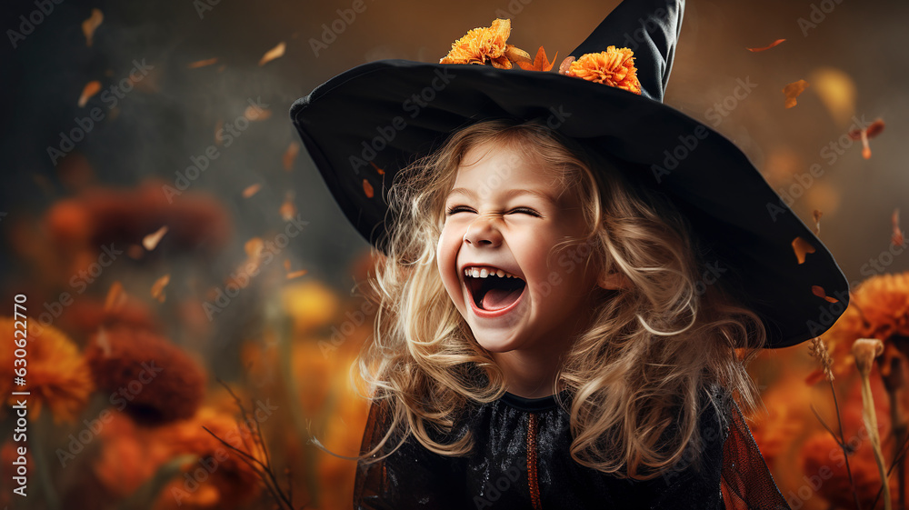 Obraz premium Happy laughing girl in witch costume for halloween