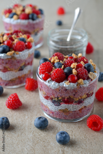 Chia pudding parfait with berries