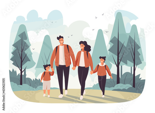 Family walking outdoor, Contemporary Trendy Flat vector illustration