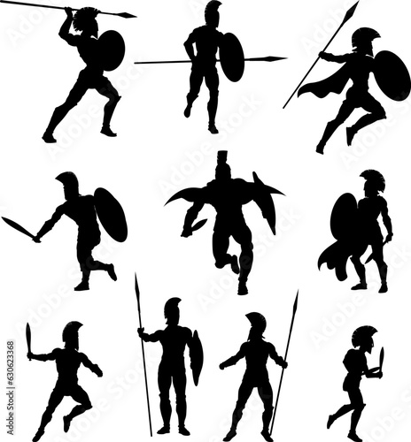 A set of Spartan or Trojan ancient Greek hoplite warrior silhouettes. Could also be Roman gladiators.