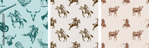 Cowboy Western Boho Wild West Vector Pattern Collection. Different assets Cowboy, Native American, Rifle, Cowboy boots, bull skull, Animals, Coyote © Levin