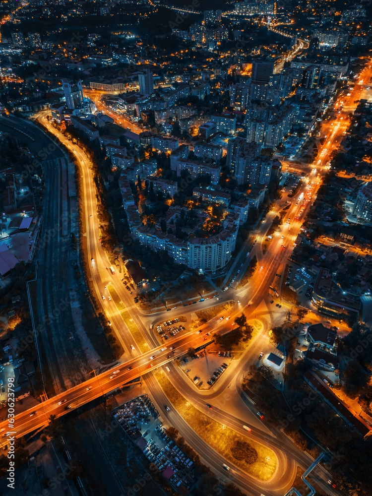 Aerial drone view of Chisinau at night, Moldova