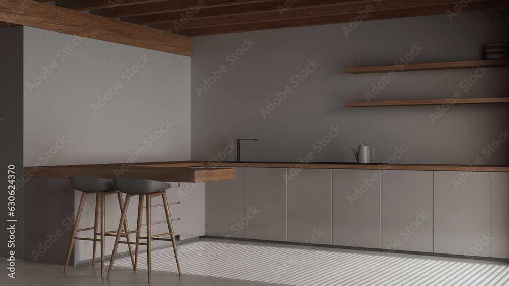Fototapeta premium Dark late evening scene, contemporary wooden kitchen. Island with cabinets and resin floor. Beams ceiling, japandi minimal interior design
