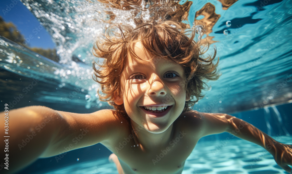 Summer Vacation Joy: Happy Kid Swimming Underwater