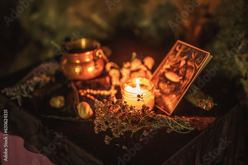 Pagan altar in night. ceremony space. photo