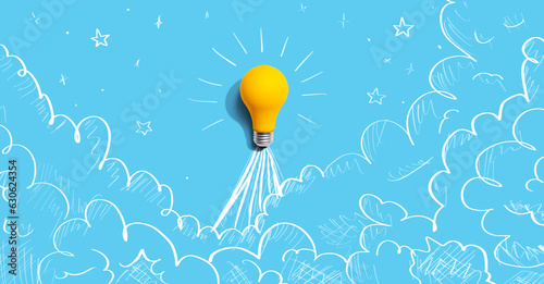 Valokuva Idea light bulb flying to the sky like a rocket - Flat lay