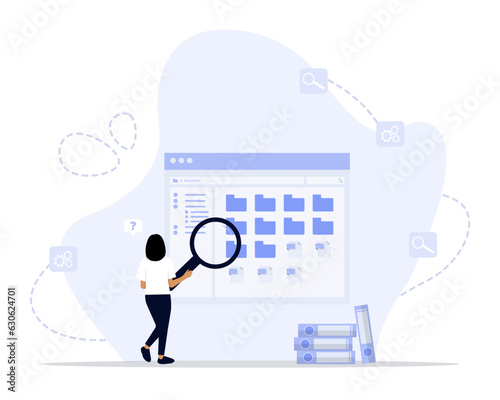 File searching concept illustration. Suitable for landing page, ui, web, app intro card, editorial, flyer, and banner.