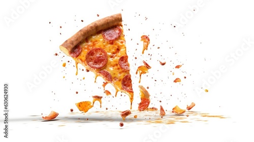 Sliced piece of pizza with a splash of ingredients and spices isolated on white background. Generative AI