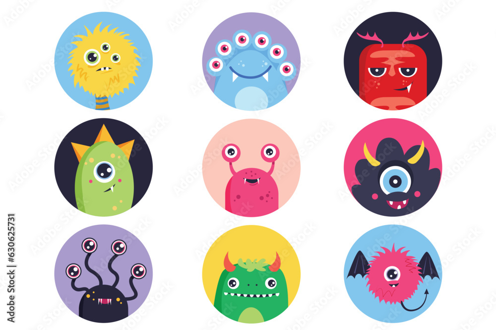 Obraz premium Monsters icons in the flat cartoon design. Different good and evil monsters in color tones and with emotions. Vector illustration.