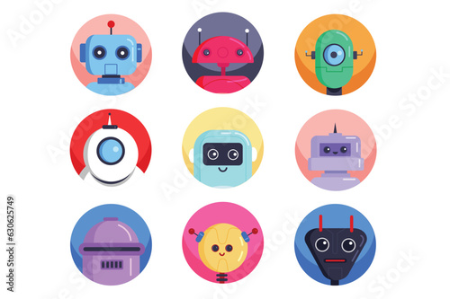 Icons robots in the flat cartoon style. Image of cute robots and machines on a colorful background. Vector illustration.