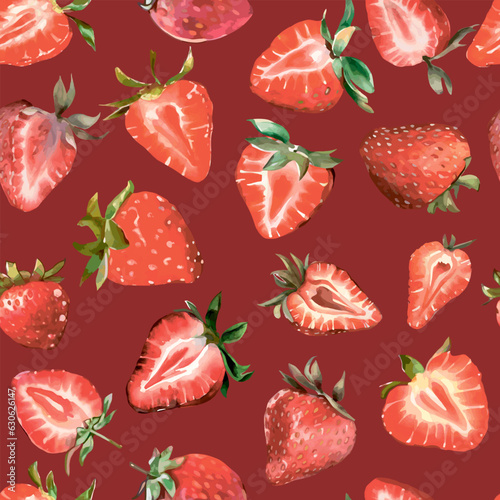 Fototapeta Naklejka Na Ścianę i Meble -  Sweet berries strawberry pattern. Realistic illustration of strawberries and strawberries, summer seamless pattern, color background. Print for printing on textiles, clothes