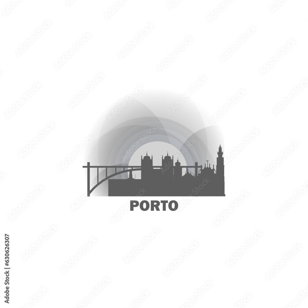 Portugal Porto cityscape skyline city panorama vector flat modern logo icon. Iberian Peninsula region emblem idea with landmarks and building silhouettes at sunrise sunset