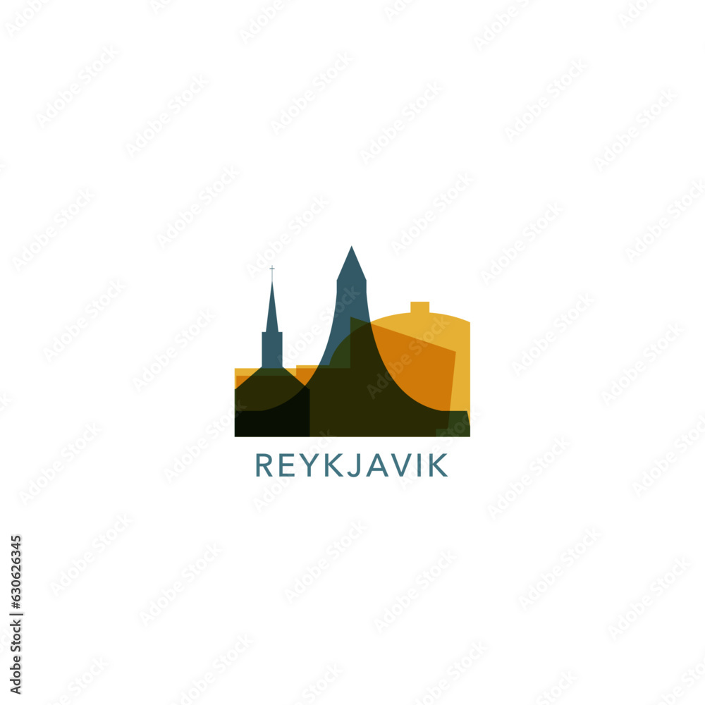 Iceland Reykjavik cityscape skyline capital city panorama vector flat modern logo icon. Seltjarnar Peninsula emblem idea with landmarks and building silhouettes