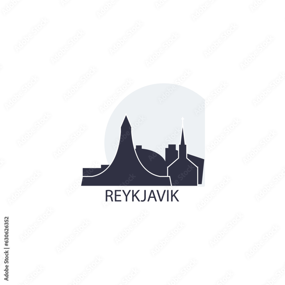 Iceland Reykjavik cityscape skyline capital city panorama vector flat modern logo icon. Seltjarnar Peninsula emblem idea with landmarks and building silhouettes at sunrise sunset at sunrise sunset
