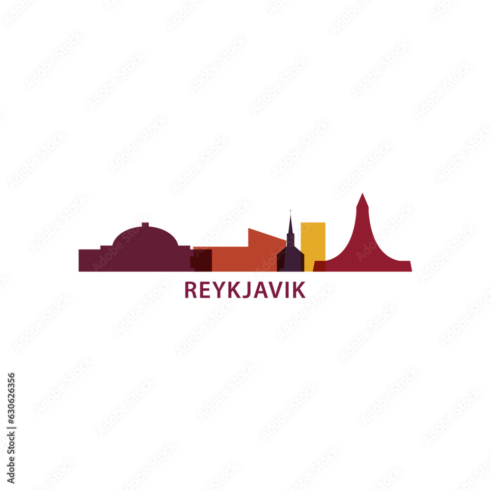 Iceland Reykjavik cityscape skyline capital city panorama vector flat modern logo icon. Seltjarnar Peninsula emblem idea with landmarks and building silhouettes at sunrise sunset - obrazy, fototapety, plakaty 