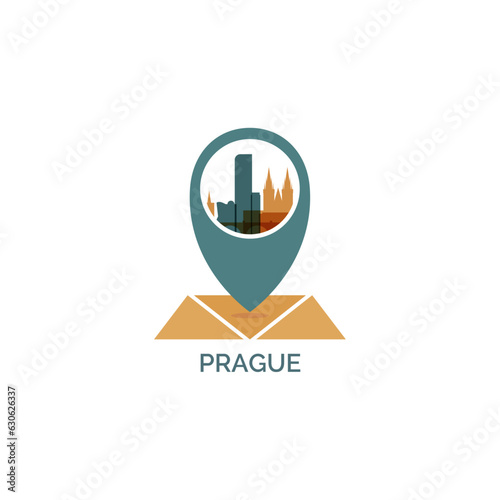 Prague map pin point, geolocation icon, skyline shape vector logo, isolated illustration.  Czech Republic city emblem contour with landmarks and buildings