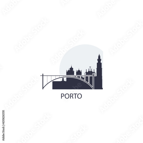 Portugal Porto cityscape skyline city panorama vector flat modern logo icon. Iberian Peninsula region emblem idea with landmarks and building silhouettes at sunrise sunset