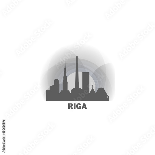 Latvia Riga city cityscape skyline capital panorama vector flat modern logo icon. Baltic region town emblem idea with landmarks and building silhouettes at sunset sunrise