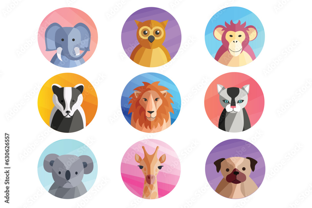 Icons animal avatars icons in the flat cartoon style. Image of cute exotic animals on a colored background. Vector illustration. Icons animal avatars icons in the flat cartoon style. Image of cute exotic animals on a colored background. Vector illustration.
