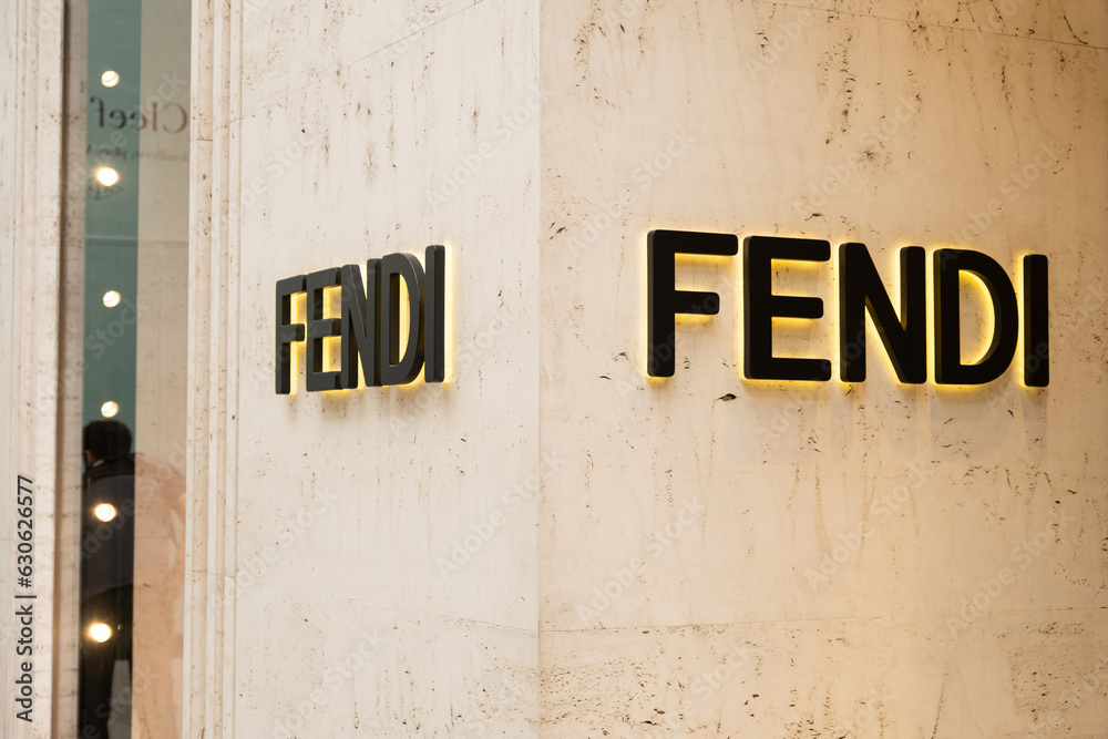 Fendi store in Vienna, luminous sign with Fendi text. 7 June 2023 ...